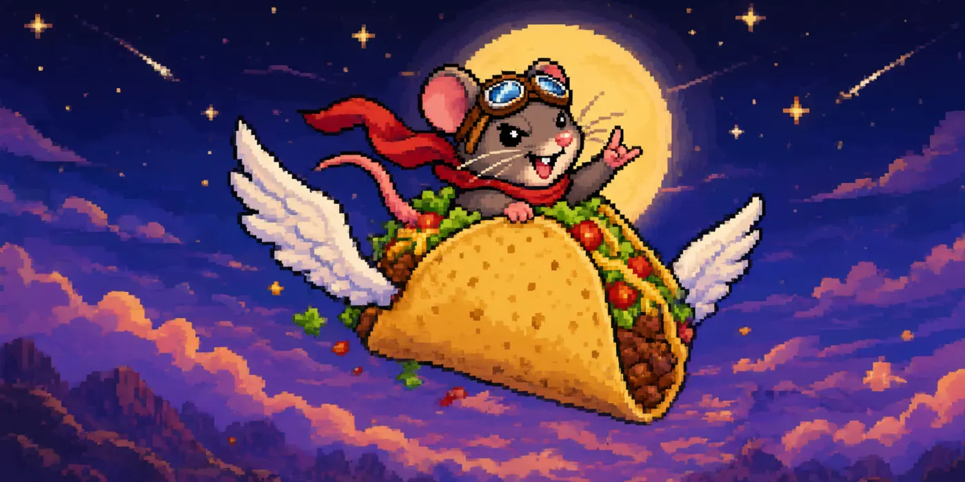 The pixel rat pilot in goggles and a red scarf rides a winged taco across the full moon