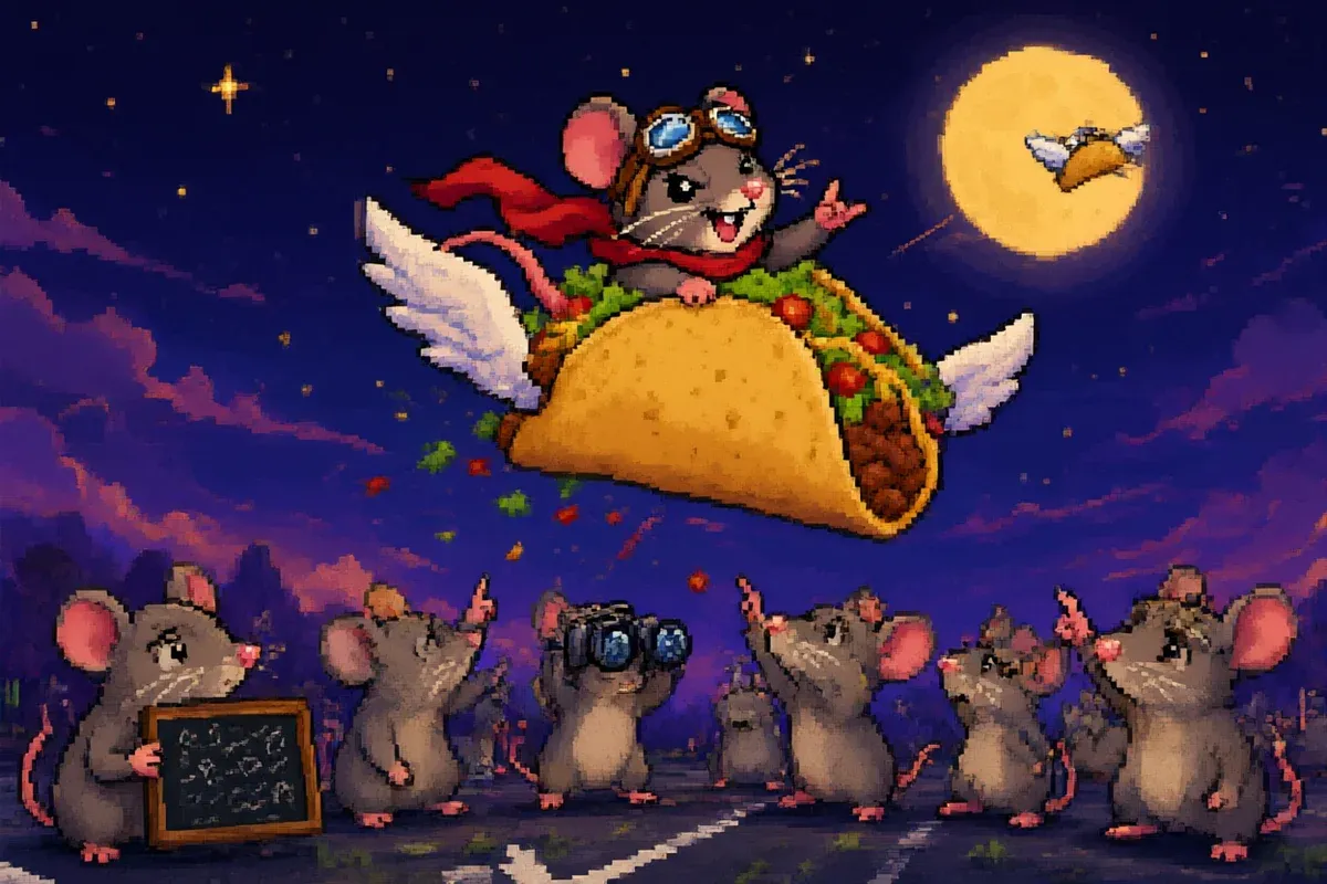 A crowd of grounded rats points up with binoculars and a chalkboard of equations while the taco rat flies overhead